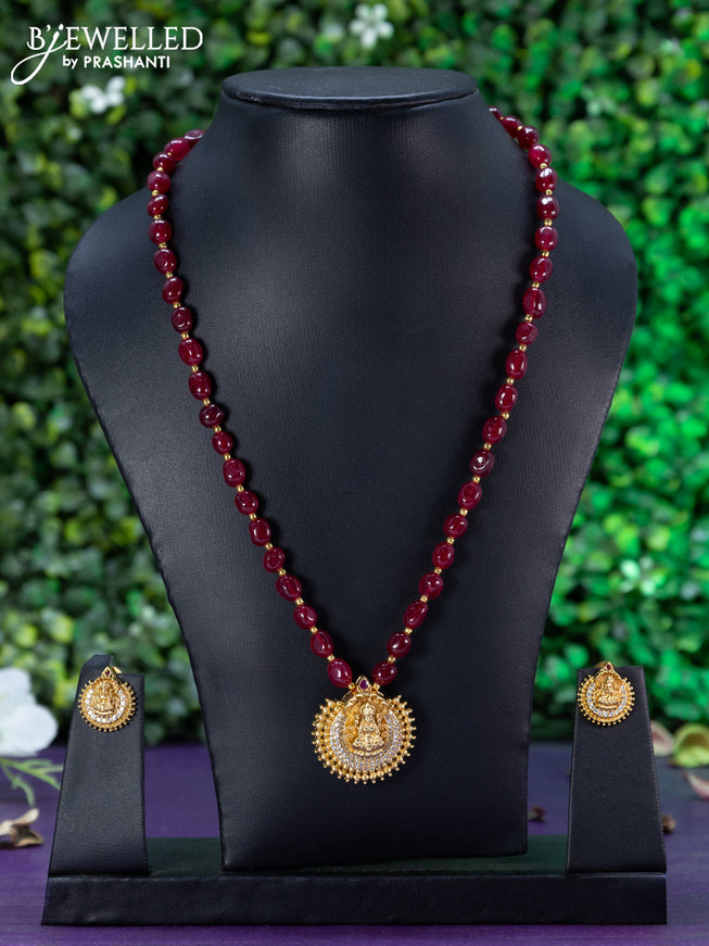 Beaded maroon necklace with cz stones and lakshmi pendant