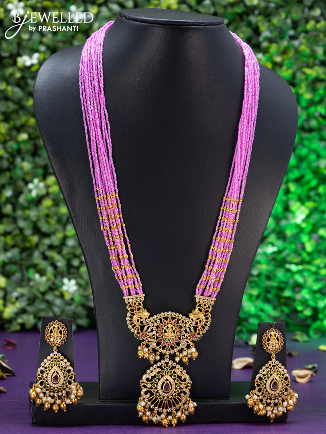 Beaded pink necklace lakshmi design with kemp & cz stone and golden beads hanging