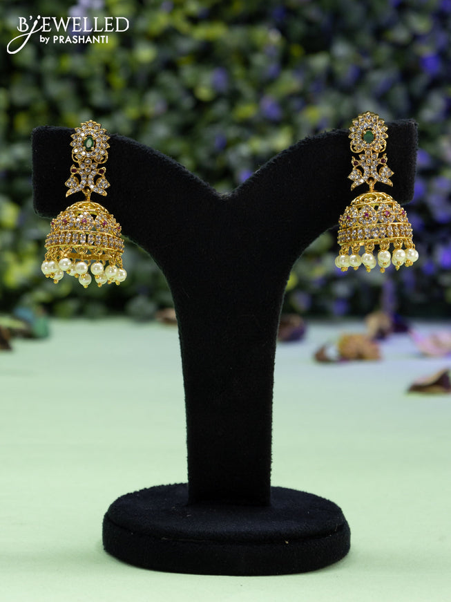 Antique jhumka peacock design with emerald & cz stones and pearl hangings