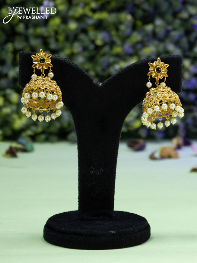 Antique jhumka with kemp & cz stones and pearl hangings