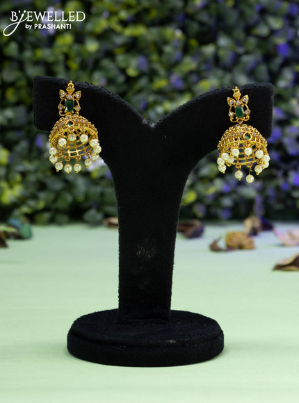 Antique jhumka with emerald & cz stones and pearl hangings