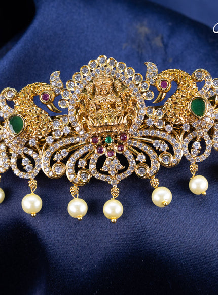 Antique hair clip medium size lakshmi & peacock design with kemp & cz stones and pearl hangings