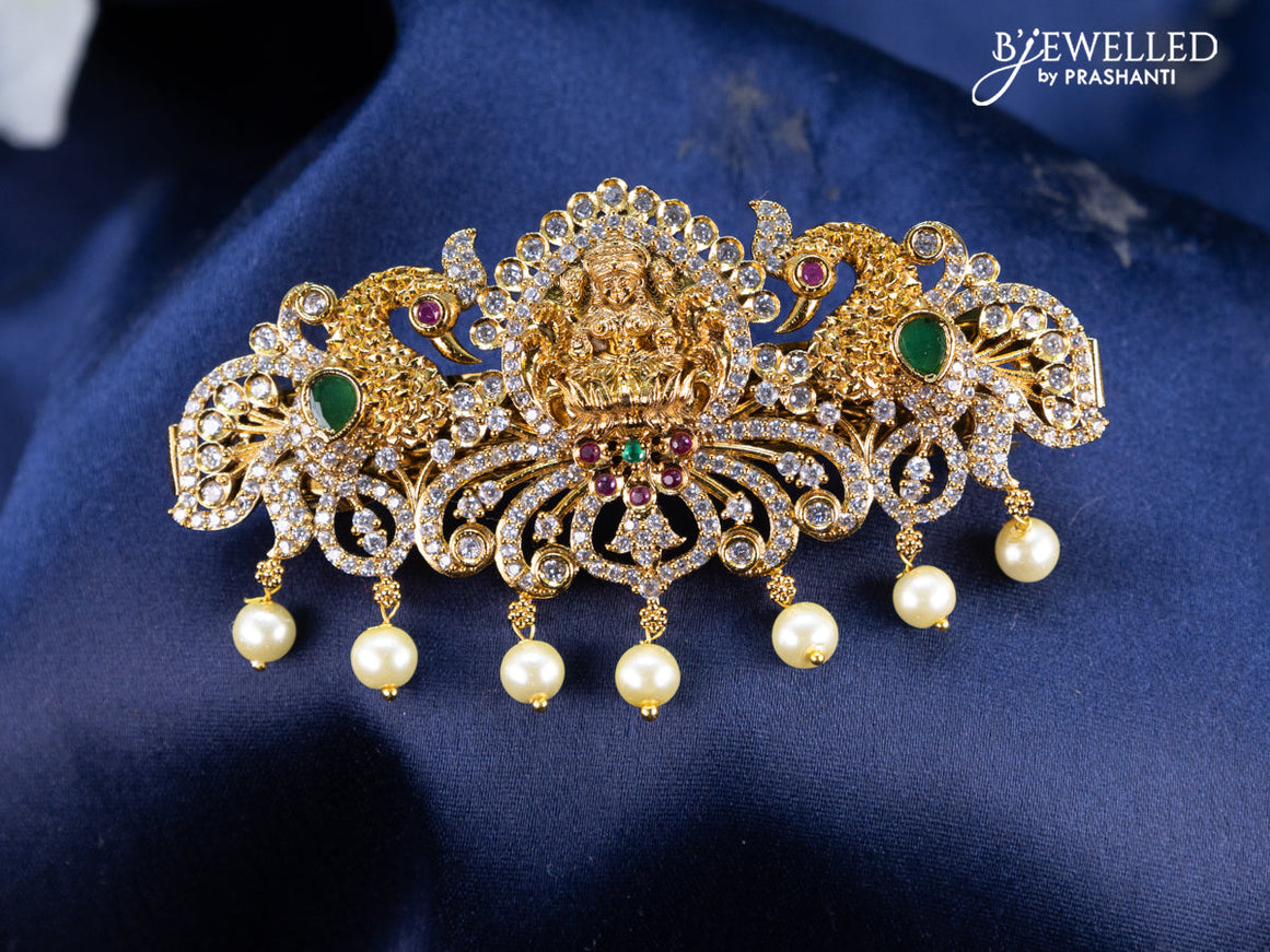 Antique hair clip medium size lakshmi & peacock design with kemp & cz stones and pearl hangings