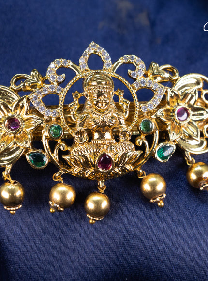 Antique hair clip small size lakshmi design with kemp and cz stones & golden beads hangings