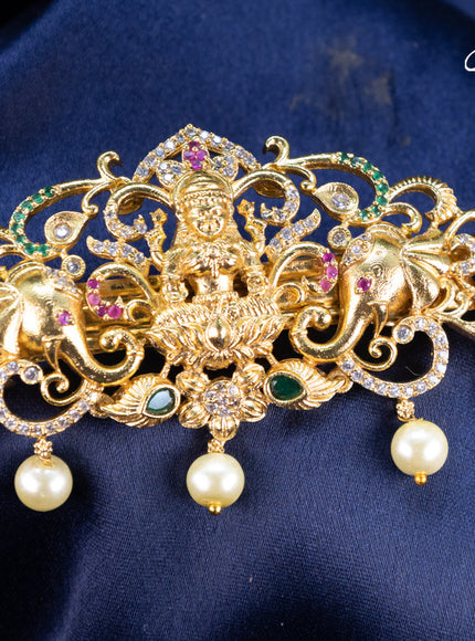 Antique hair clip medium size lakshmi design with kemp & cz stones and pearl hangings