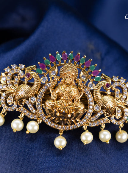 Antique hair clip medium size lakshmi & peacock design with kemp & cz stones and pearl hangings