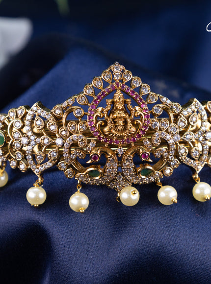 Antique hair clip big size lakshmi design with kemp & cz stones and pearl hangings