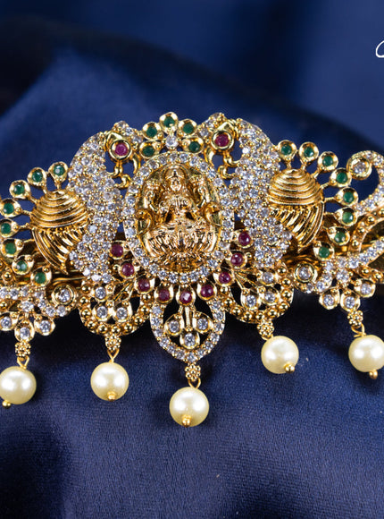 Antique hair clip medium size lakshmi & peacock design with kemp & cz stones and pearl hangings