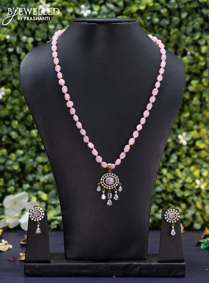 Beaded baby pink necklace with cz stones and hanging in victorian finish