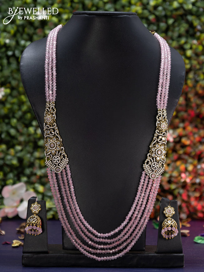 Beaded multi layer baby pink necklace with cz stones in victorian finish