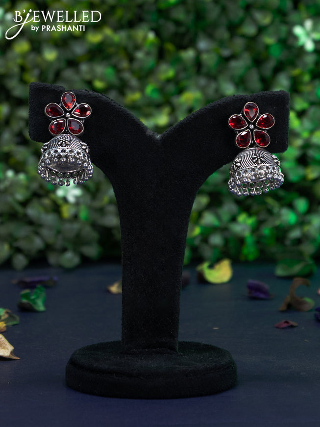 Oxidised jhumka floral design with maroon stones and hangings