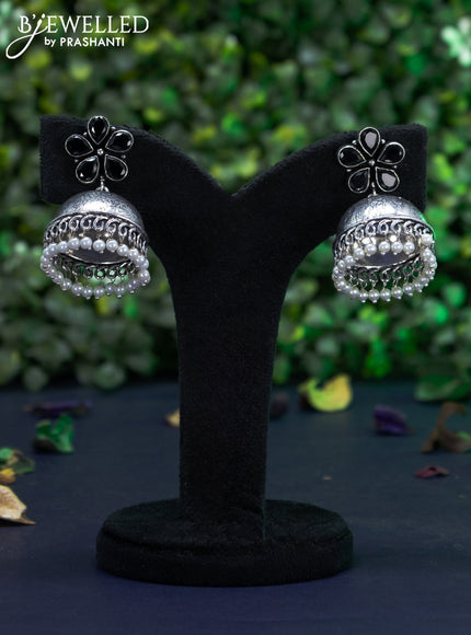 Oxidised jhumka floral design  with black stones and pearl hangings