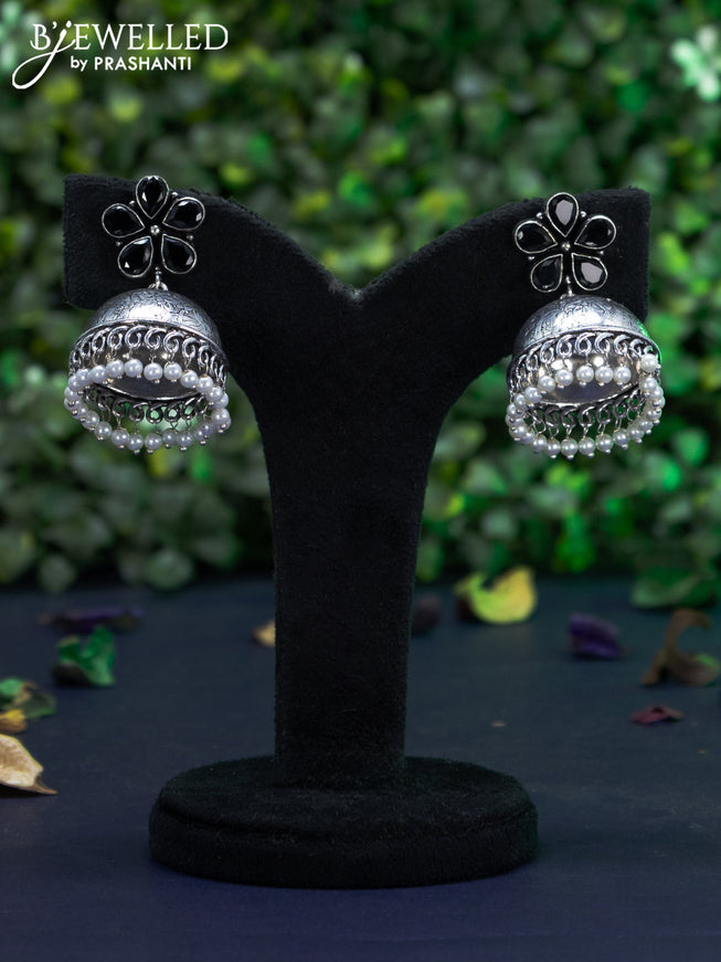 Oxidised jhumka floral design  with black stones and pearl hangings