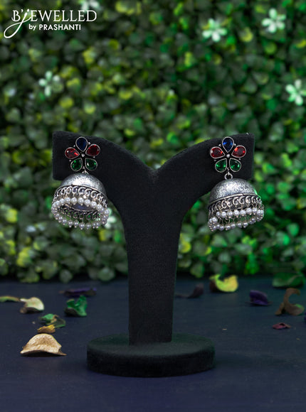 Oxidised jhumka floral design with multi colour stones and pearl hangings