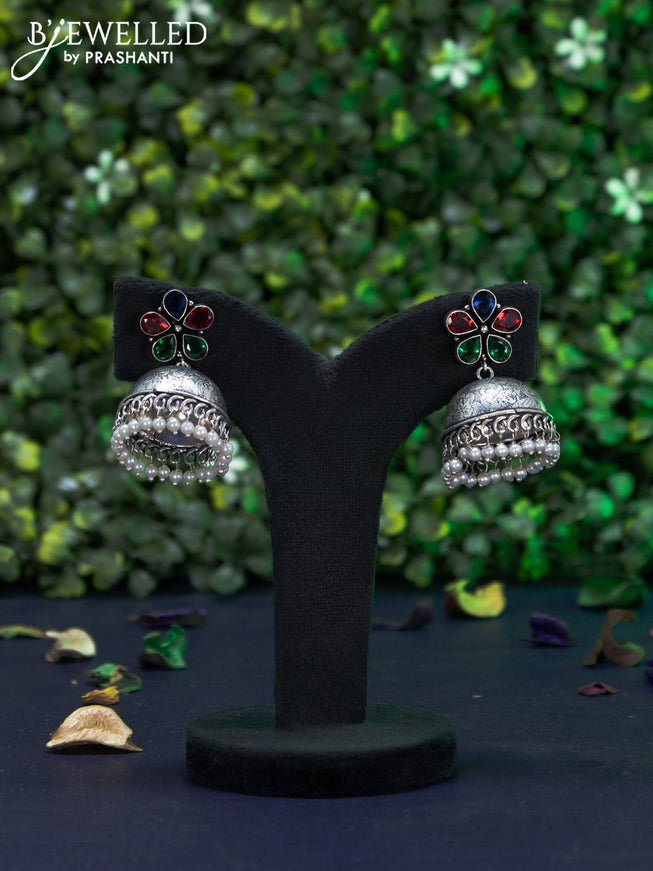 Oxidised jhumka floral design with multi colour stones and pearl hangings