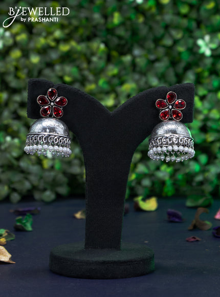 Oxidised jhumka floral design with maroon stones and pearl hangings