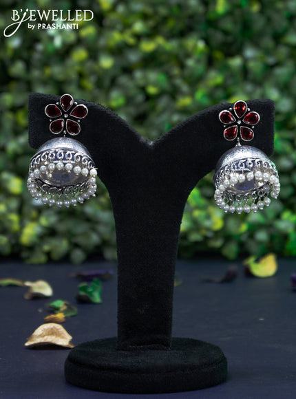 Oxidised jhumka floral design with maroon stones and pearl hangings