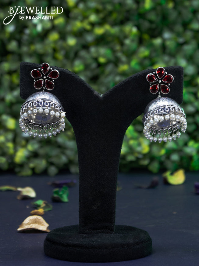 Oxidised jhumka floral design with maroon stones and pearl hangings