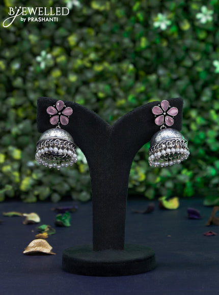 Oxidised jhumka floral design with  baby pink stones and pearl hangings