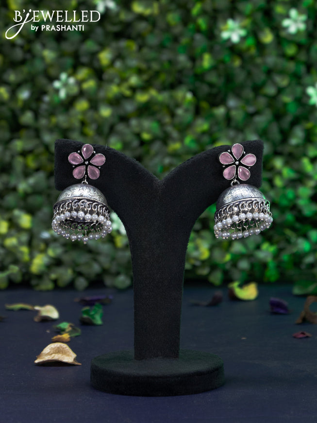 Oxidised jhumka floral design with  baby pink stones and pearl hangings