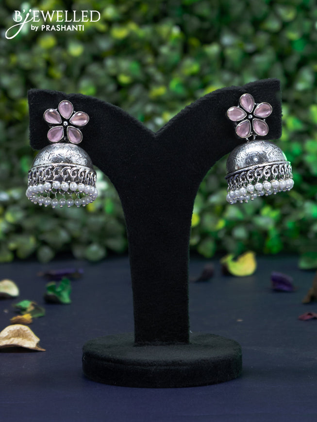 Oxidised jhumka floral design with  baby pink stones and pearl hangings