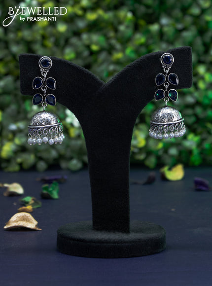 Oxidised jhumka with saphhire stones and pearl hangings