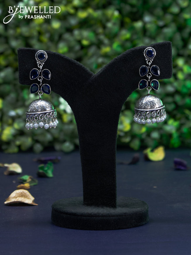 Oxidised jhumka with saphhire stones and pearl hangings