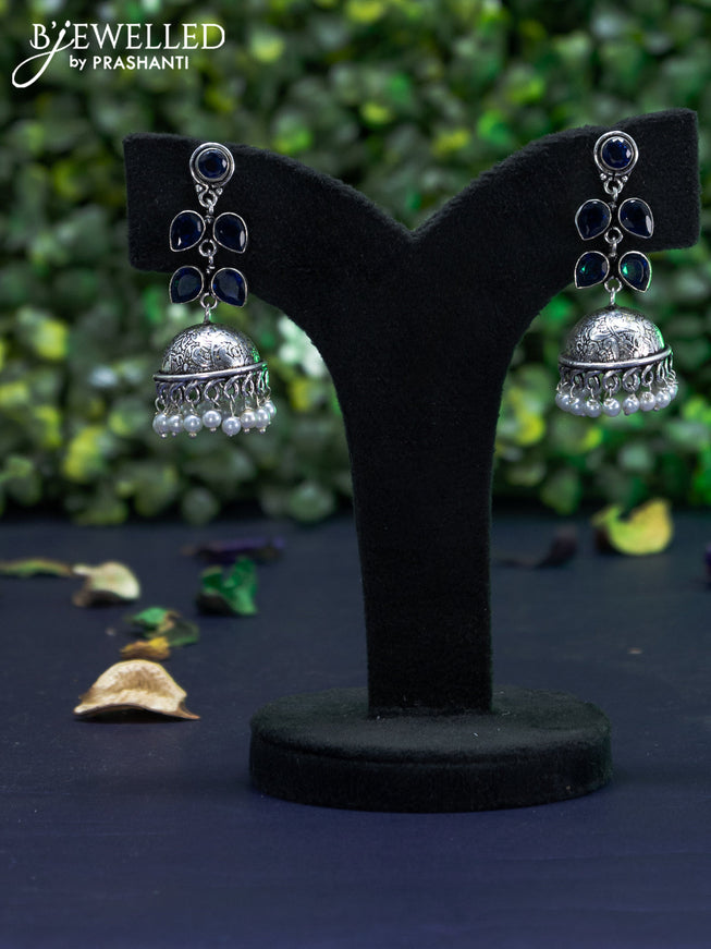 Oxidised jhumka with saphhire stones and pearl hangings