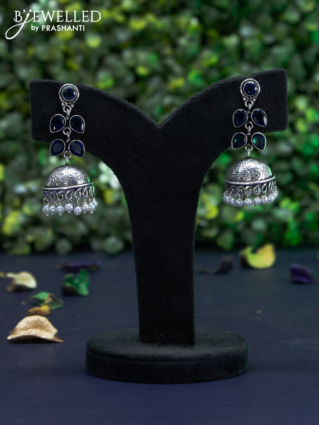 Oxidised jhumka with saphhire stones and pearl hangings