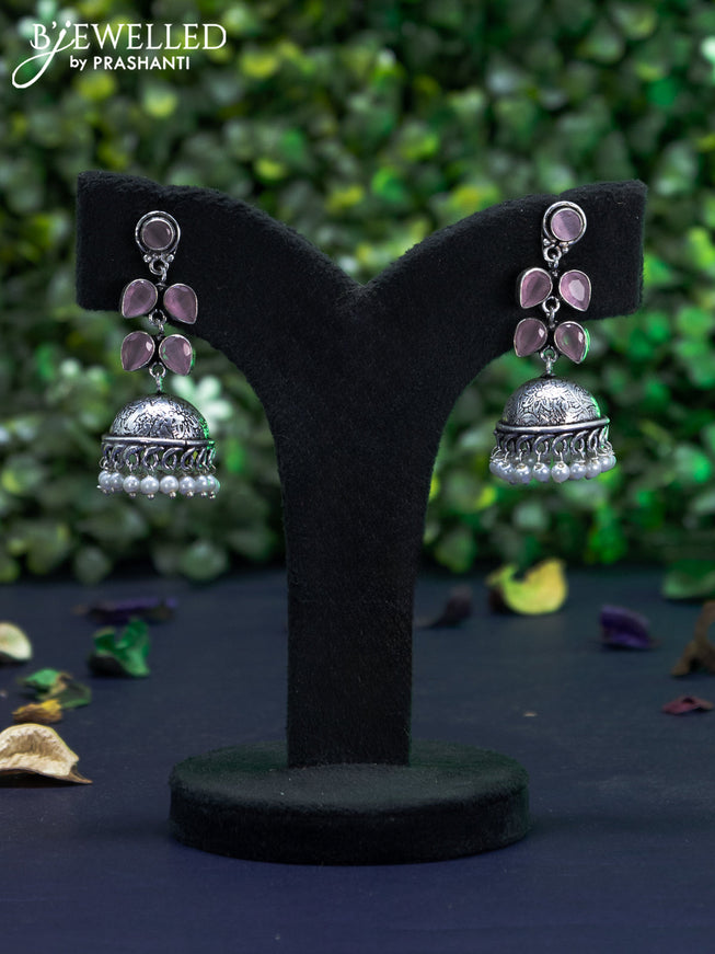 Oxidised jhumka with baby pink stones and pearl hangings