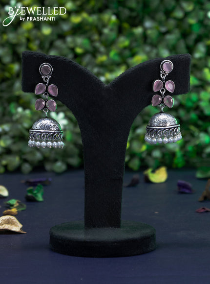 Oxidised jhumka with baby pink stones and pearl hangings