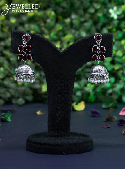 Oxidised jhumka with maroon stones and pearl hangings