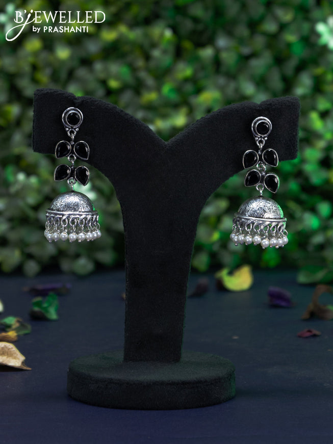 Oxidised jhumka with black stones and pearl hangings