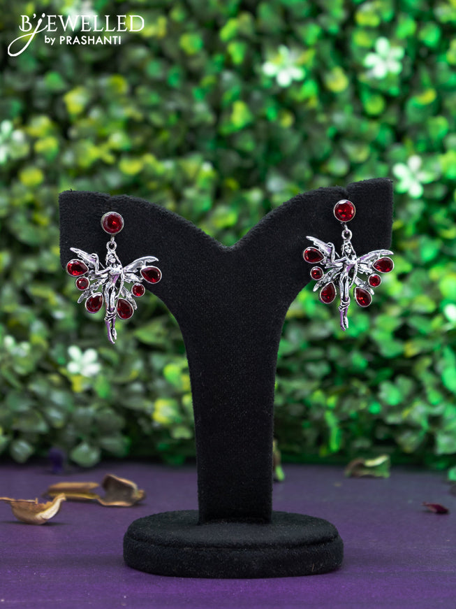 Oxidised earring butterfly design with maroon stones