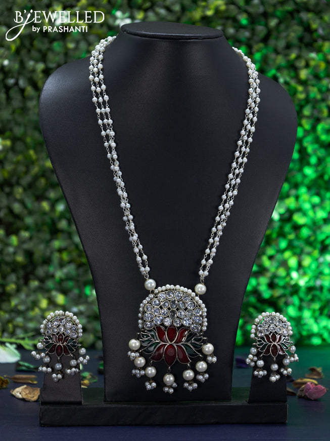 Oxidised pearl necklace lotus design with cz stones and pearl hangings