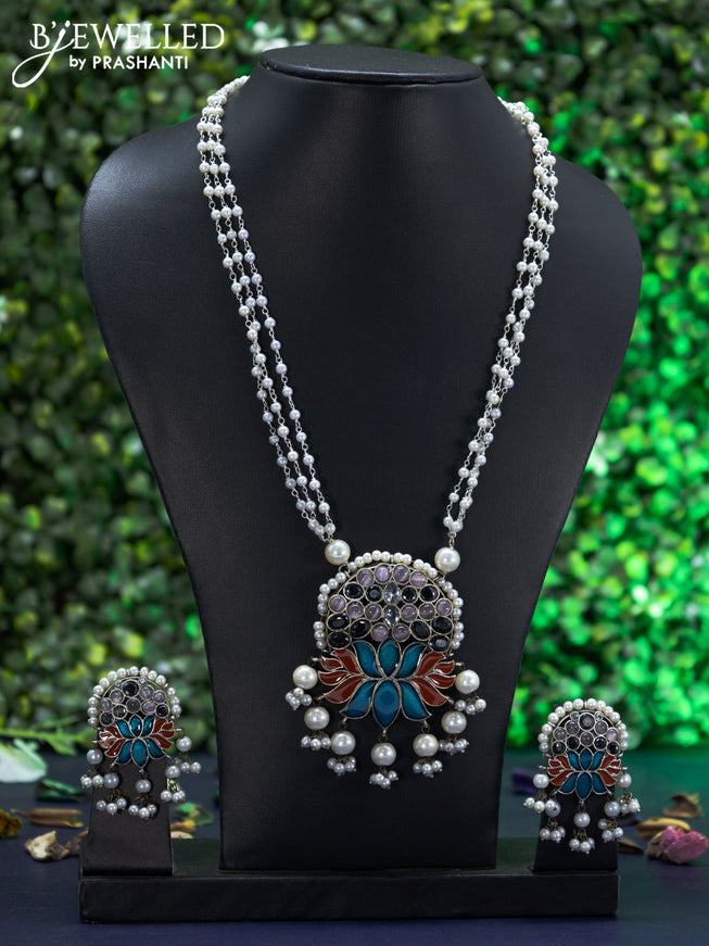 Oxidised pearl necklace lotus design with multi colour stones and pearl hangings