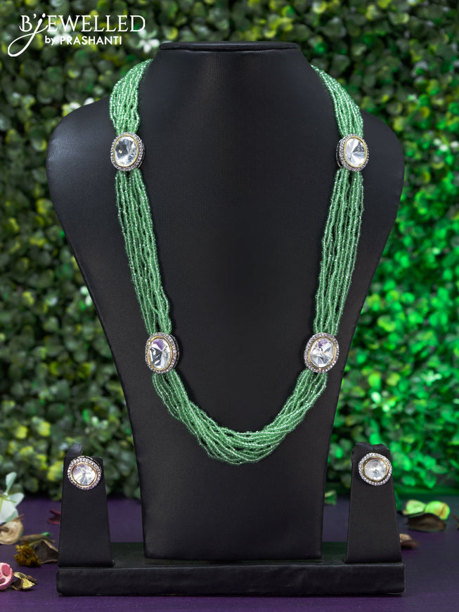 Jaipur crystal beaded multilayer light green haaram with cz and stones pendant