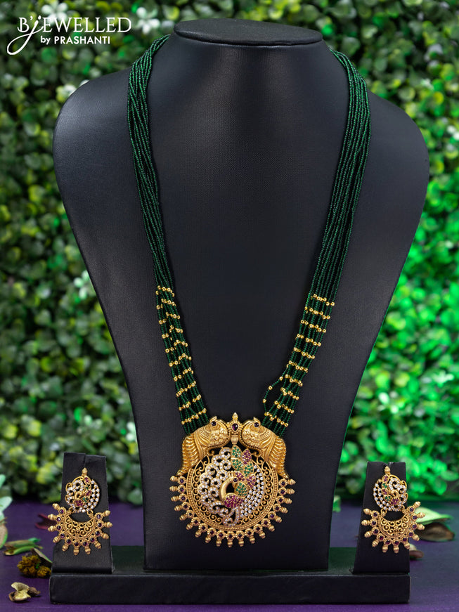 Beaded green necklace peacock design with kemp and cz stone