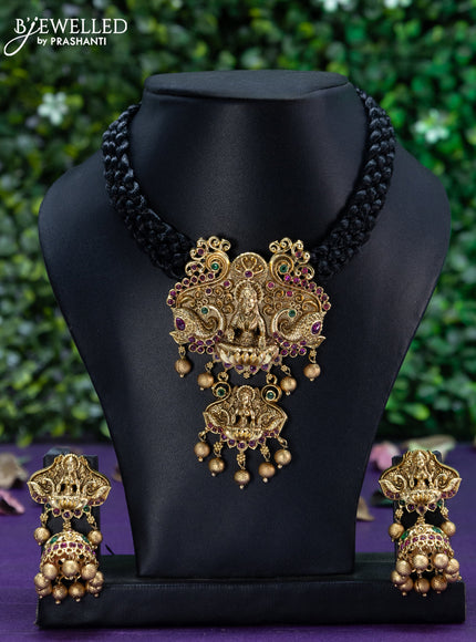 Black thread necklace kemp stones with lakshmi pendant and golden beads hangings