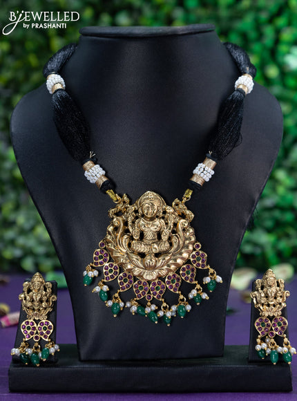 Black thread necklace kemp stones with lakshmi pendant and beads hangings