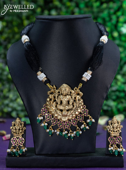 Black thread necklace kemp stones with lakshmi pendant and beads hangings