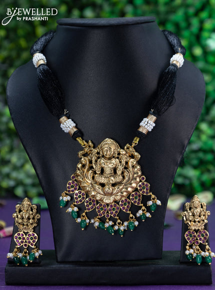 Black thread necklace kemp stones with lakshmi pendant and beads hangings