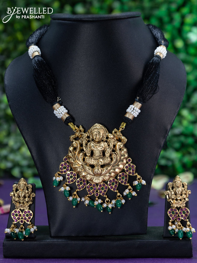 Black thread necklace kemp stones with lakshmi pendant and beads hangings