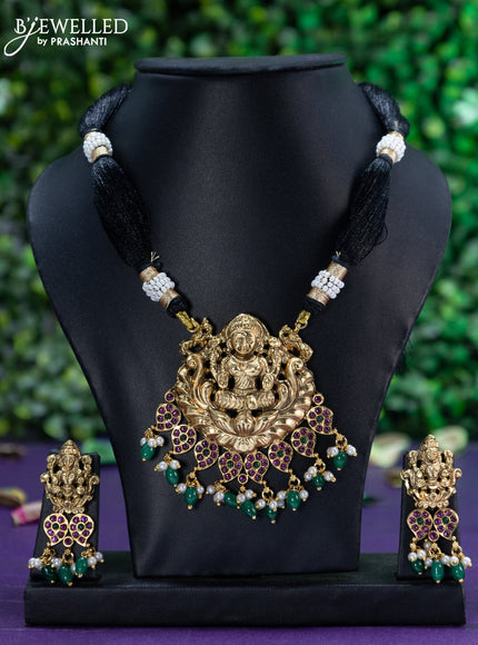 Black thread necklace kemp stones with lakshmi pendant and beads hangings