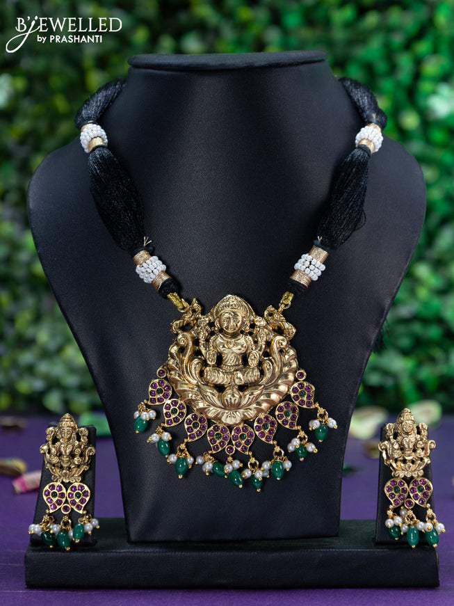 Black thread necklace kemp stones with lakshmi pendant and beads hangings