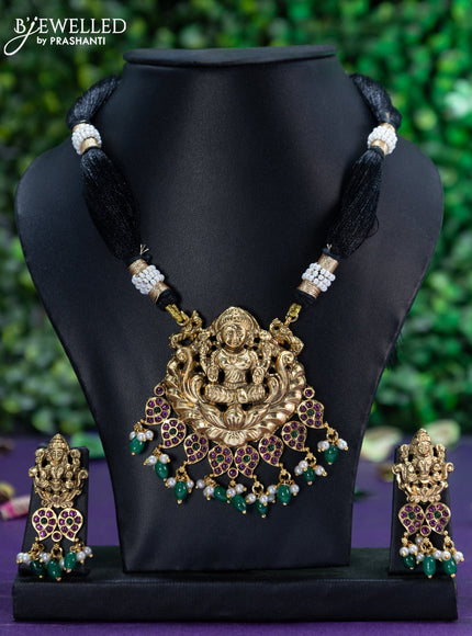 Black thread necklace kemp stones with lakshmi pendant and beads hangings