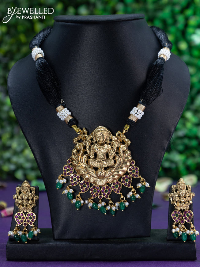 Black thread necklace kemp stones with lakshmi pendant and beads hangings