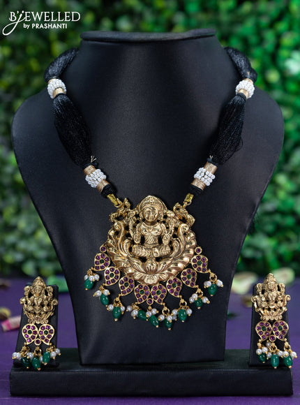 Black thread necklace kemp stones with lakshmi pendant and beads hangings