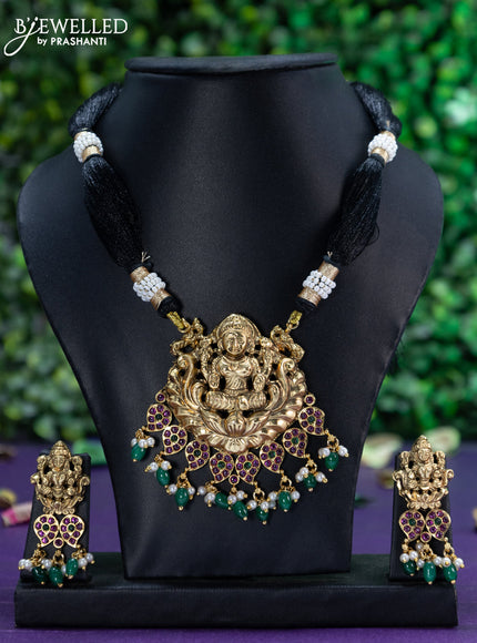 Black thread necklace kemp stones with lakshmi pendant and beads hangings