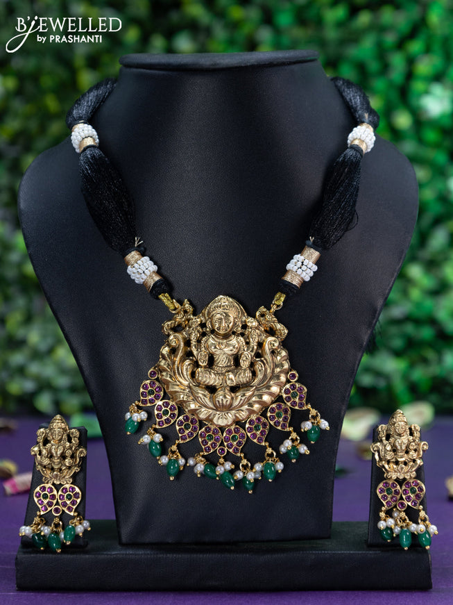 Black thread necklace kemp stones with lakshmi pendant and beads hangings